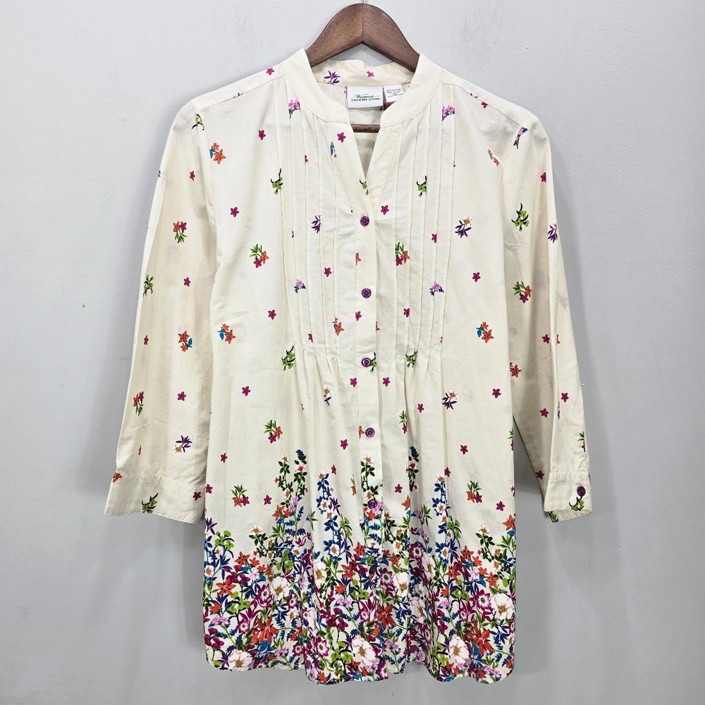 The Vermont Country Store Women's Top M Floral Pintuck Button Up Cottagecore